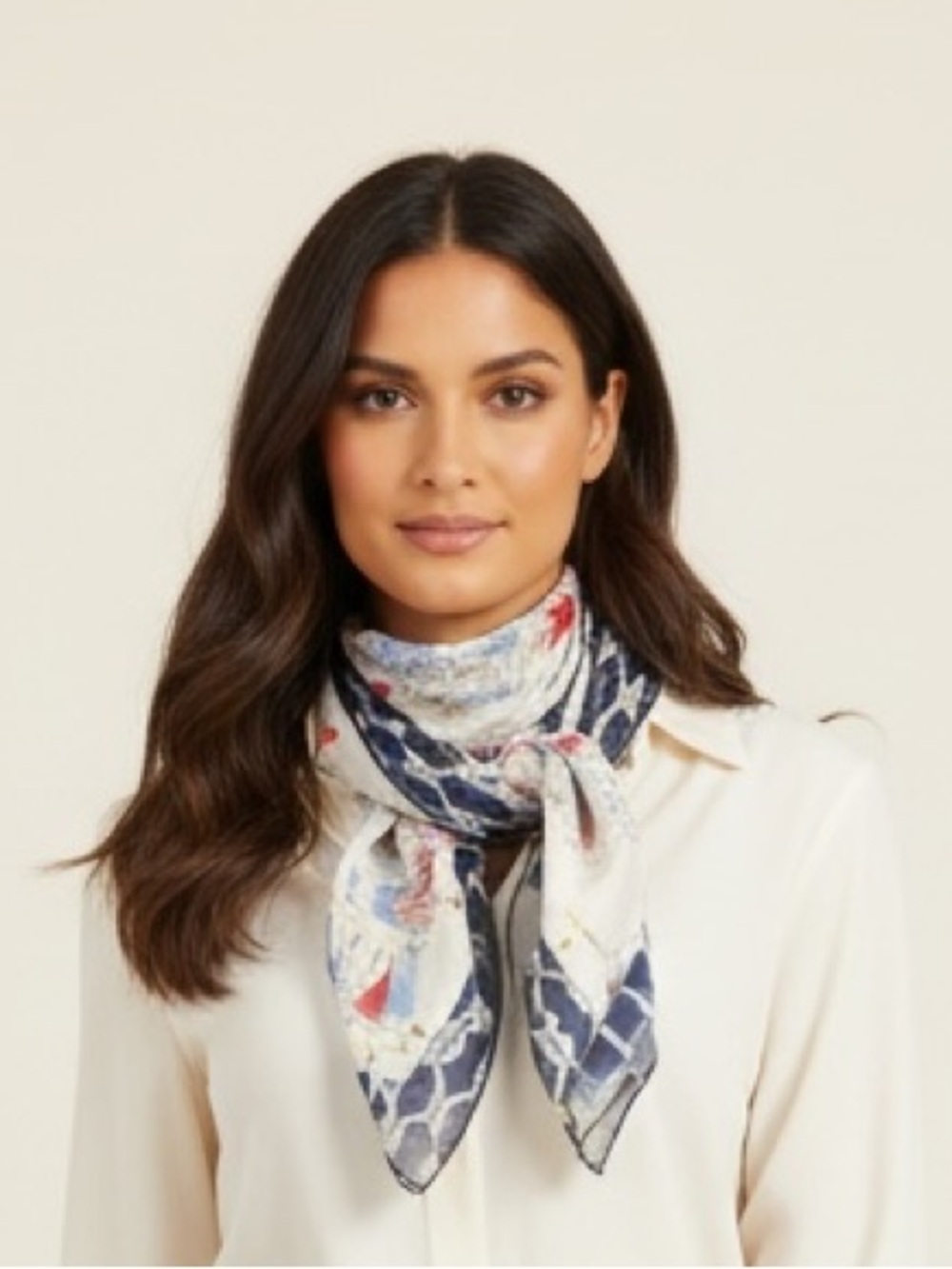 Talbots Silk/ Cotton Blue White Red Nautical Print Rectangle Scarf Coastal